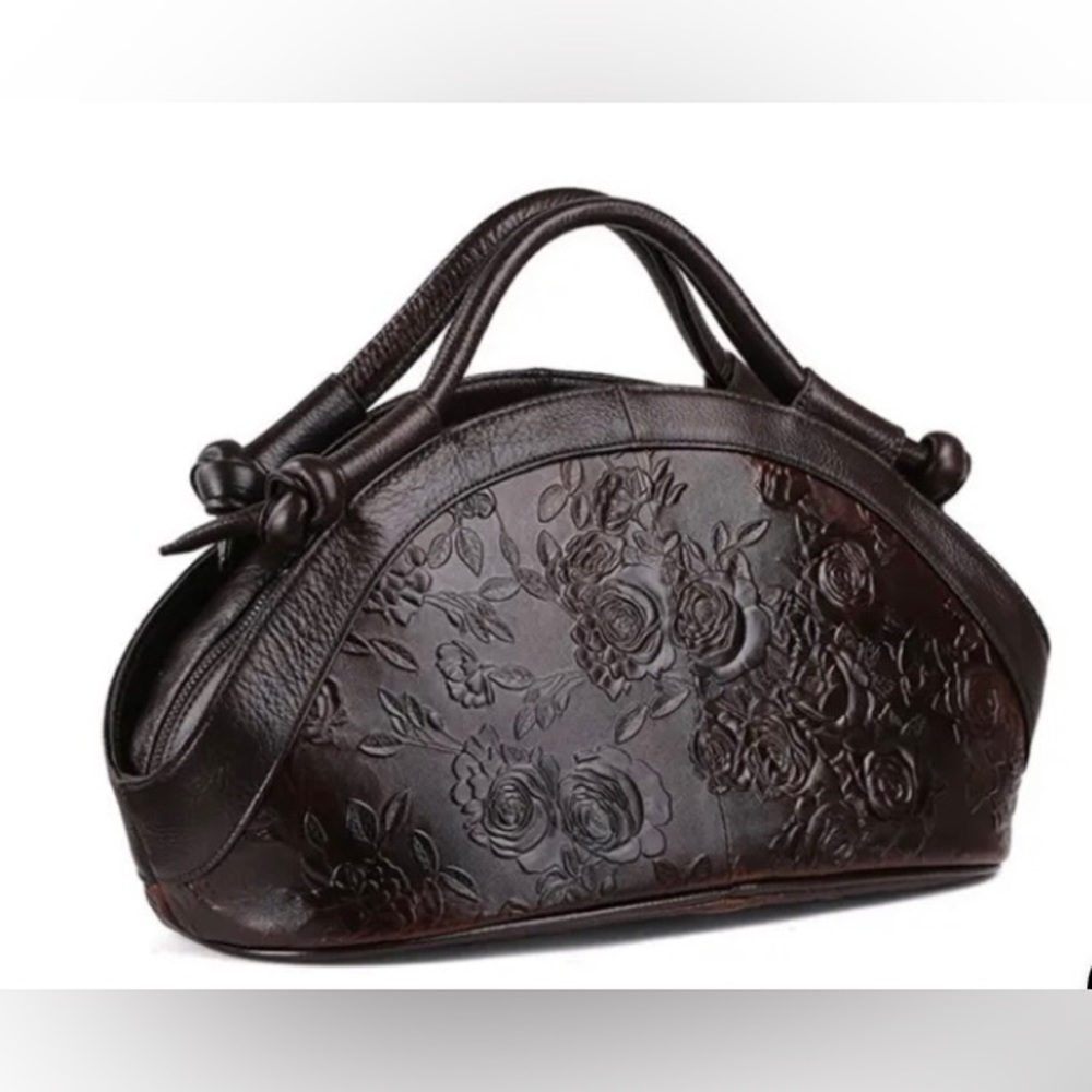 Retro Tooled Coffee Brown Leather Cowhide Two-Way Handbag Adjustable Strap EUC